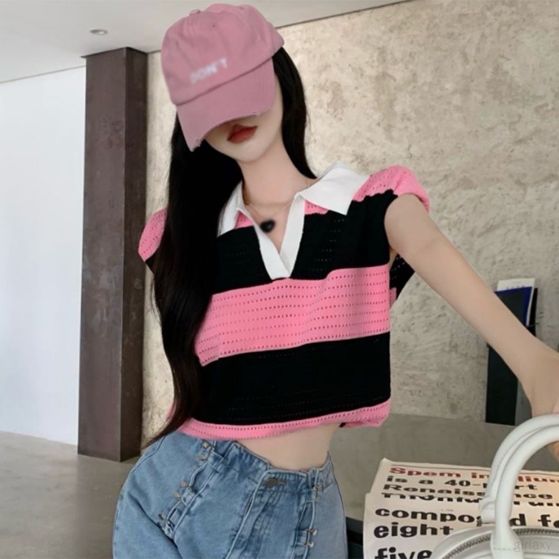 Áo Thun Dệt Kim Sát Nách Dáng Rộng Kẻ Sọc Thời Trang Mùa Hè Hàn Quốc Cho Nữ