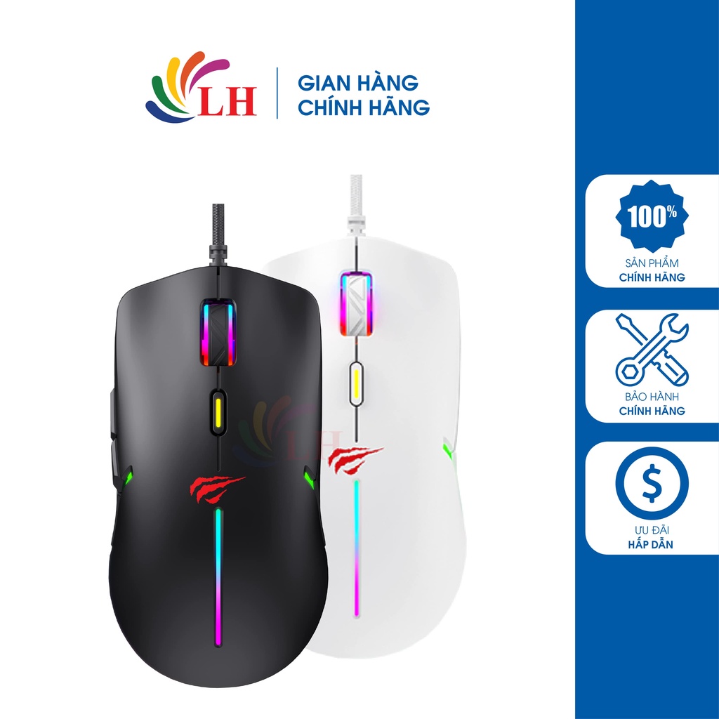 Chuột có dây Gaming Havit MS1031 - Hàng chính hãng - DPI 800 - 7200, LED RGB đầy màu sắc, thiết kế đối xứng