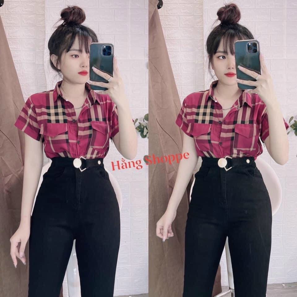 Áo kiểu caro nắp túi tay ngắn cực hot , chất kate mềm mịn mát ( ảnh thật )