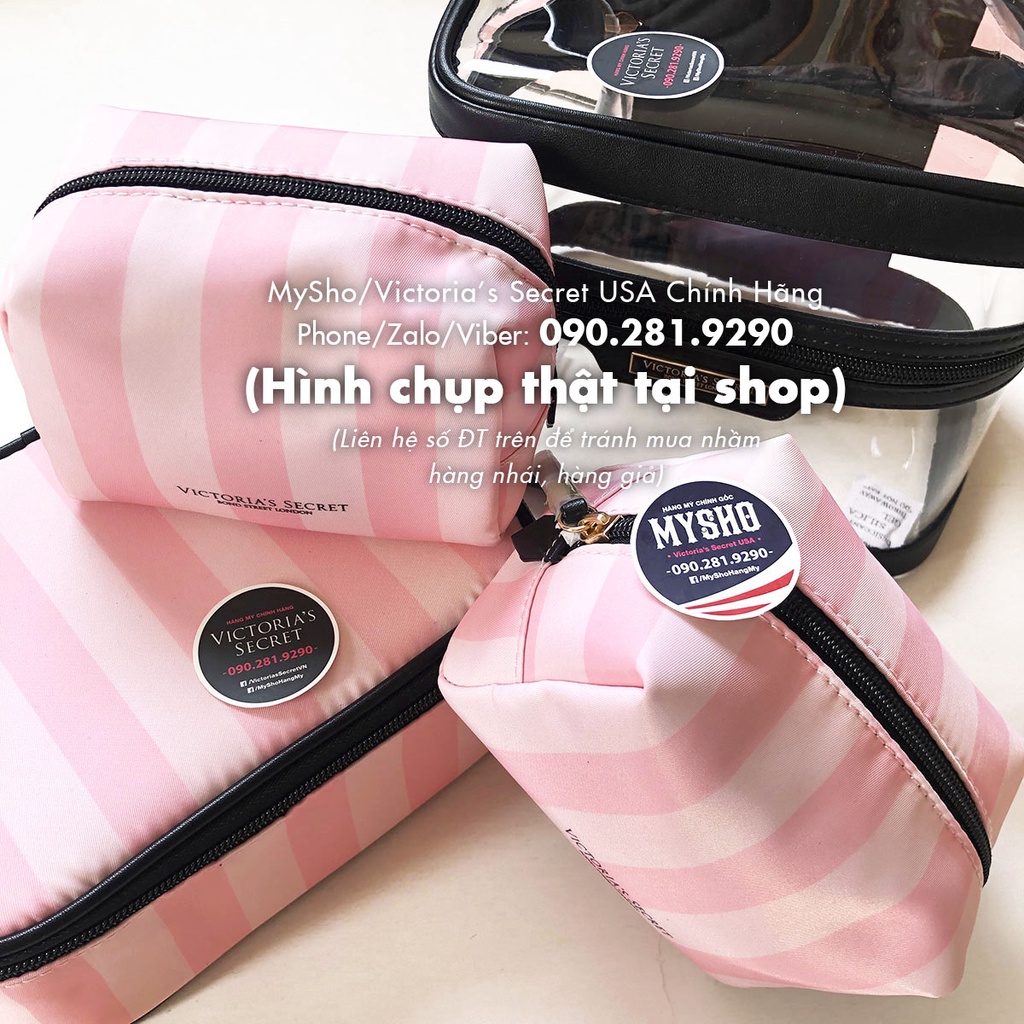 Bộ 4 túi trang điểm hồng phối sọc cá tính  - Hàng nhập Victoria's Secret USA
