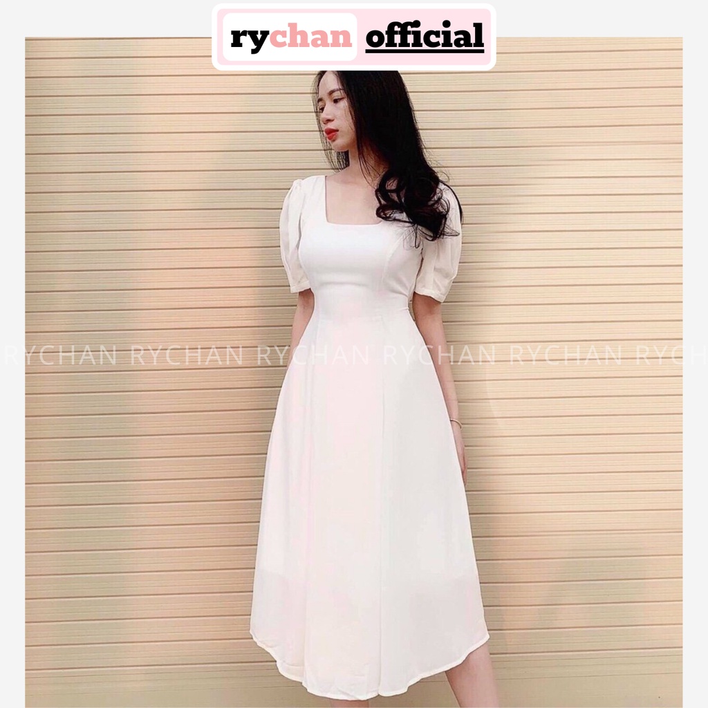 DM470 - Đầm Maxi Trắng Cổ Vuông Phối Tay Phồng
