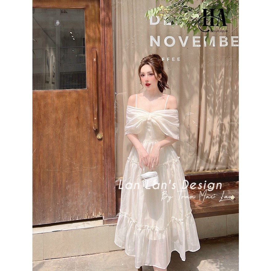 Đầm Dự Tiệc, Váy Thiết Kế Trễ Vai Dáng Xòe Dài Đính Nơ Ngực Sang Chảnh 3 Màu Trắng, Hồng, Vàng Cực Hot