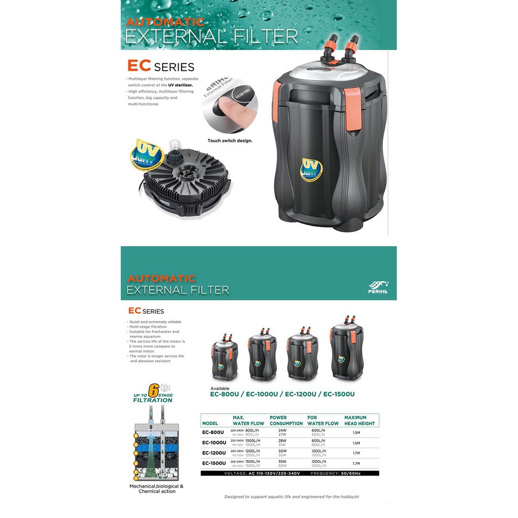 Lọc Thùng Periha EC 800U, 1000U, 1200U, 1500U Có Đèn UV Dùng Cho Bể Cá Cảnh Trong Nhà