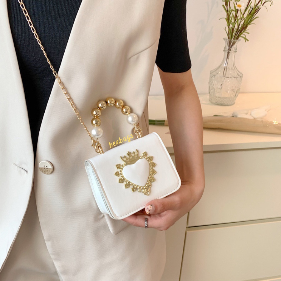 Túi Mini Dây Ngọc Cầm Tay Họa Tiết Trái Tim Vương Miện Sang Chảnh | TX42 | Túi Cầm Tay Kèm Dây Xích Màu Be, Trắng, Đen