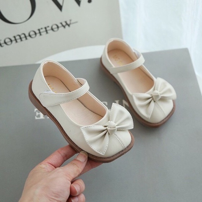 Giày cho bé gái, Giày búp bê cho bé có nơ xinh xắn chất da PU siêu mềm có quai dán chính hãng MG baby