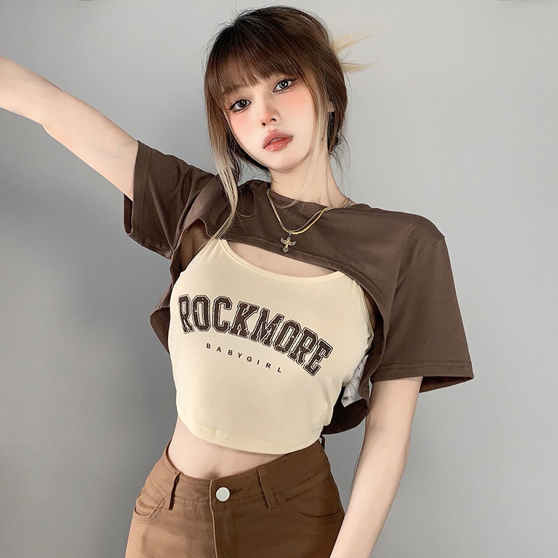 COZOKC COZOK Set áo thun ngắn tay + áo sát nách COZOK dáng rộng in chữ thời trang