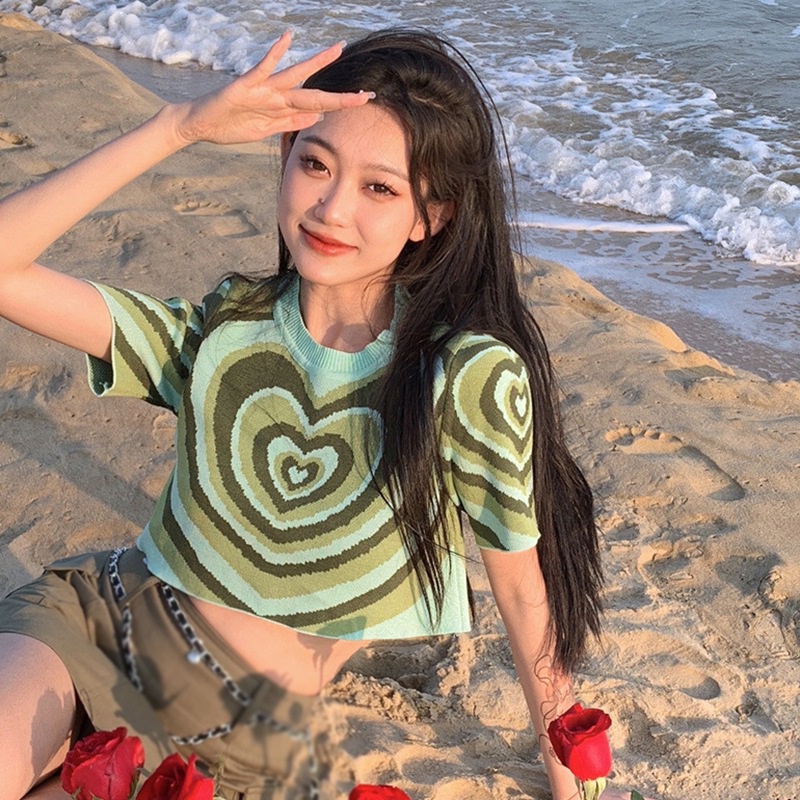 Áo Thun Baby Tee Nữ Tay Ngắn Áo Croptop Dệt Kim Tay Ngắn In Họa Tiết Trái Tim Phong Cách Hàn Quốc Thời Trang Cho Nữ