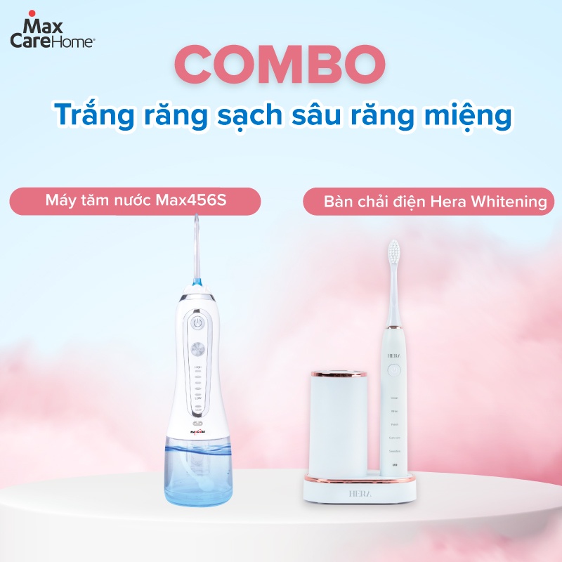 [COMBO GIẢM 1.100K] Máy tăm nước cầm tay Maxcare Max456S + Bàn chải điện sóng siêu âm Maxcare Hera Whitening