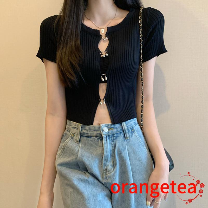 Crop Top Tay Ngắn Cổ Tròn Màu Sắc Trơn Thời Trang Cho Nữ