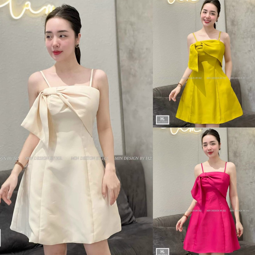 Đầm váy nữ xòe 2 dây kết nơ ngực thích hợp đi biển dạo phố đám tiệc,có mút ngực,có 3 màu như hình