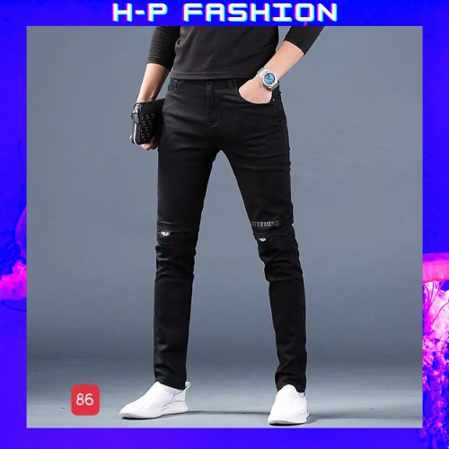 Quần jean nam rách gối màu đen Hpfashion, Quần bò nam rách gối vải jean co giãn mềm mịn, form cực chuẩn - QJNTCS86