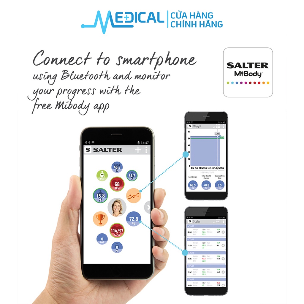 Cân đo/phân tích chỉ số cơ thể kết nối App SALTER 9192BK3R bảo hành 5 năm chính hãng- MEDICAL