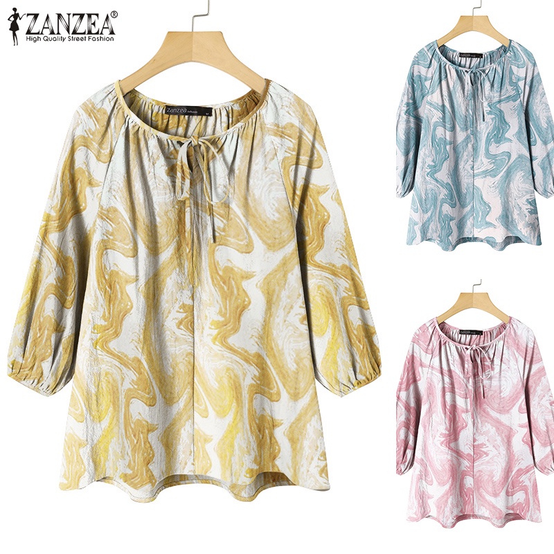 Áo Kiểu ZANZEA Cổ Tròn Tay 3/4 In Họa Tiết Gợn Sóng Cho Nữ