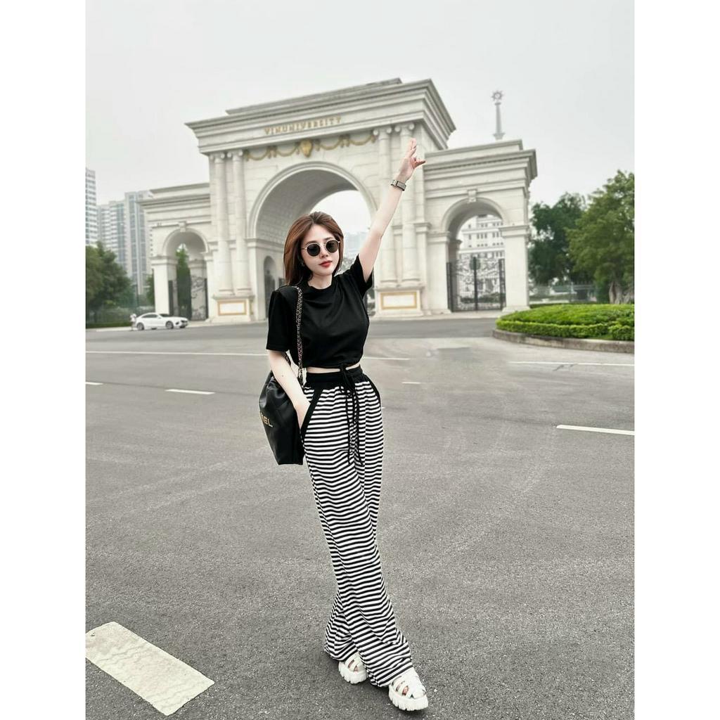 Sét Bộ thun Gân Aó Croptop Tay Ngắn Mix Quần Sọc ống Rộng Có Túi Phong Cách Trẻ Trung Năng Động