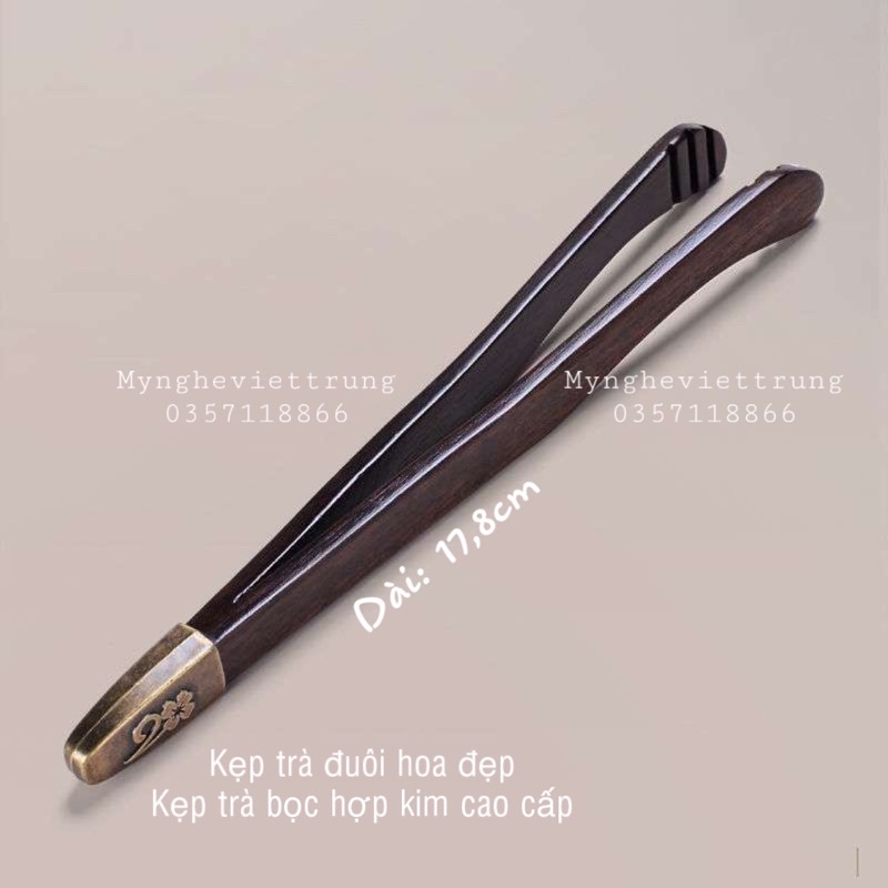 Kẹp gắp chén trà gỗ hoạ tiết đẹp-Kẹp bằng đồng cán gỗ cao cấp