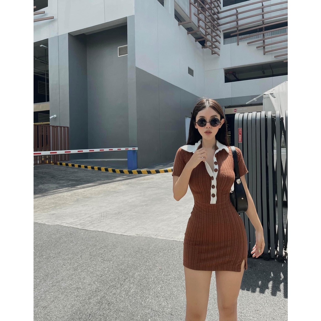 ĐẦM BODY THUN BÔNG LÚA CỔ POLO NÚT MÀU KÈM ẢNH THẬT