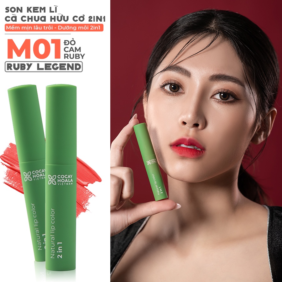 Son kem lì hữu cơ cà chua Cocayhoala Mềm mịn lâu trôi - Dưỡng môi 2in1 Bền màu cả ngày - 2.5g