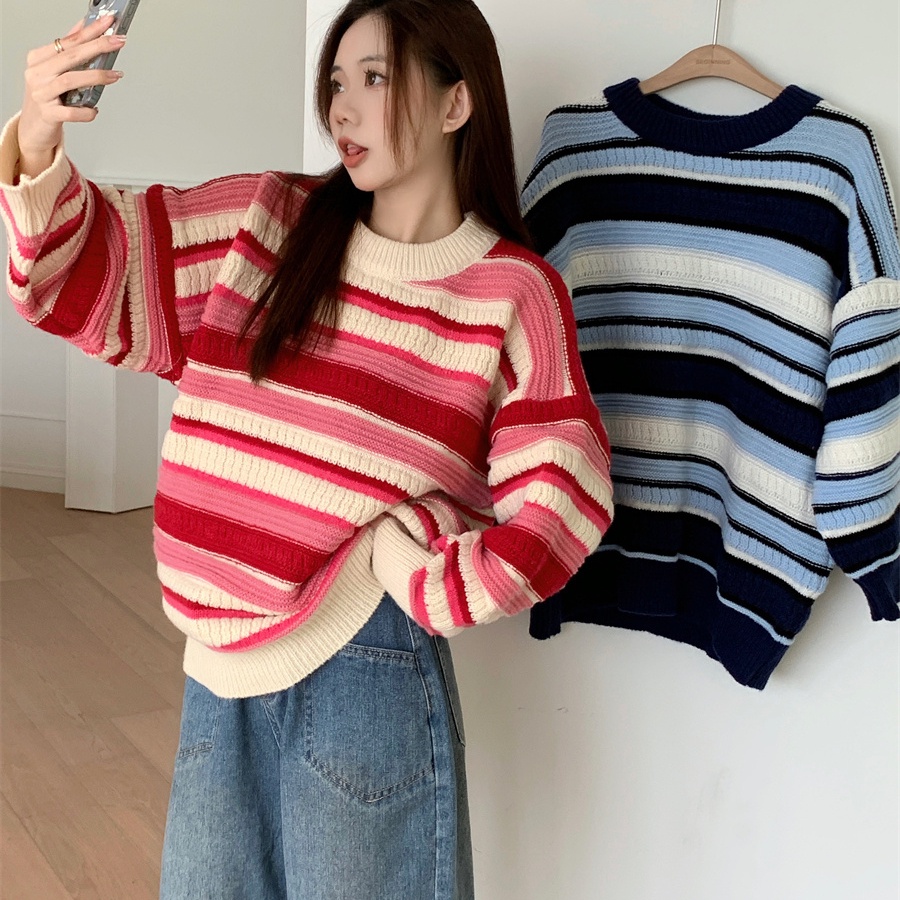 SUXI Áo Sweater Dệt Kim Cổ Tròn Hoạ Tiết Kẻ Sọc Cho Phái Nữ