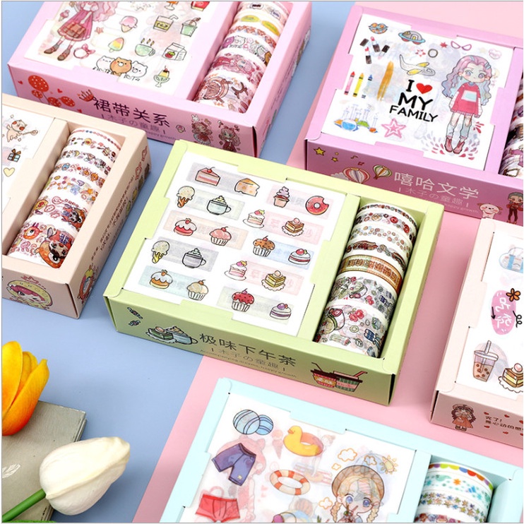 Set 7 cuộn băng dính và 9 miếng dán sticker trang trí đồ dùng cá nhân hoạt hình Chibi siêu xinh BAG U SETSBD588