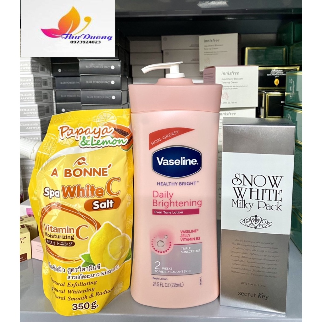 COMBO 3 SẢN PHẨM Dưỡng Thể VASELINE+Kem tắm trắng SNOW WHITE SECRET KEY+Muối Tẩy Tế Bào Chết A BONNE 3 phân loại