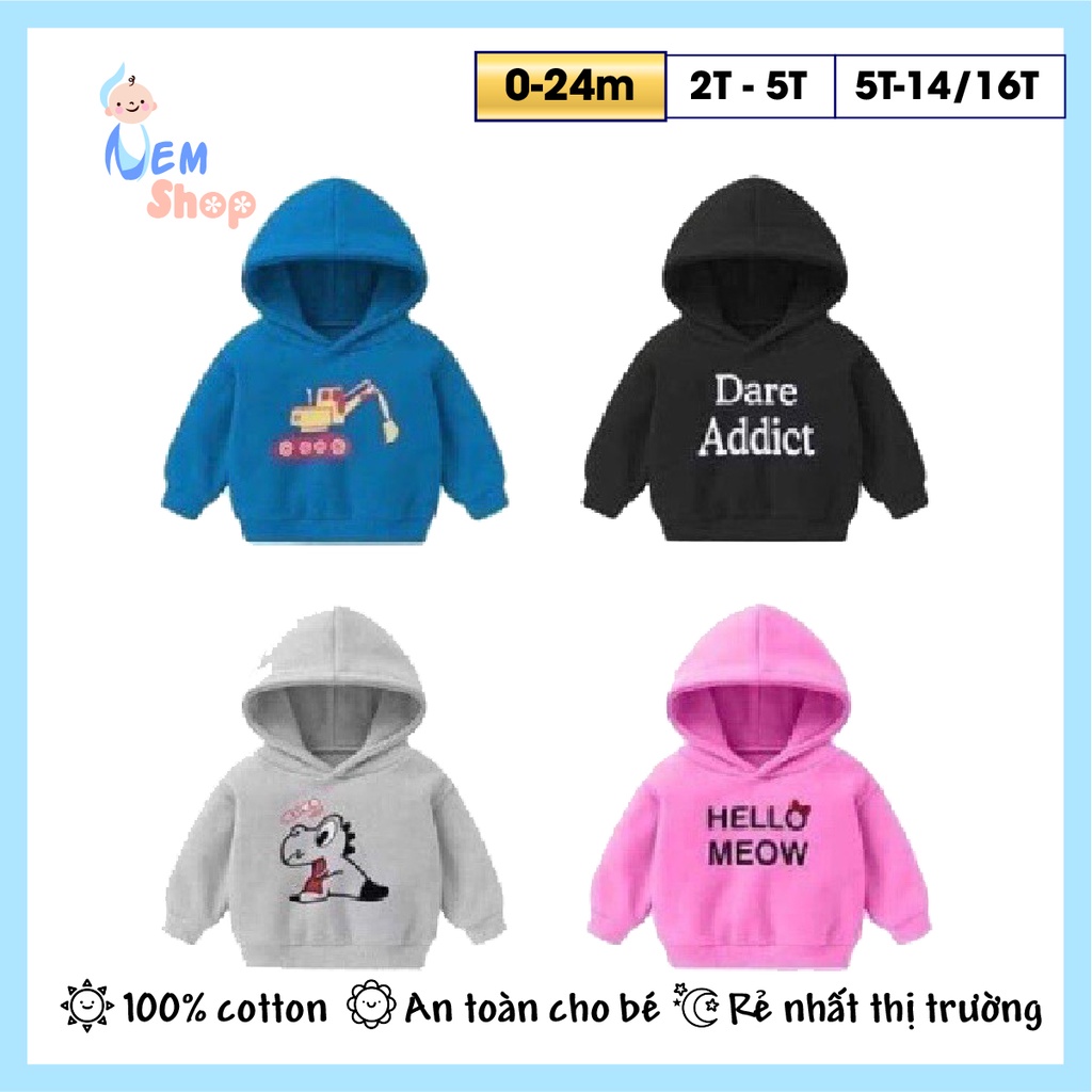 XẢ KHO + CHỌN MÀU Áo nỉ bông chui đầu hoddie dày dặn bé trai bé gái QC cao cấp