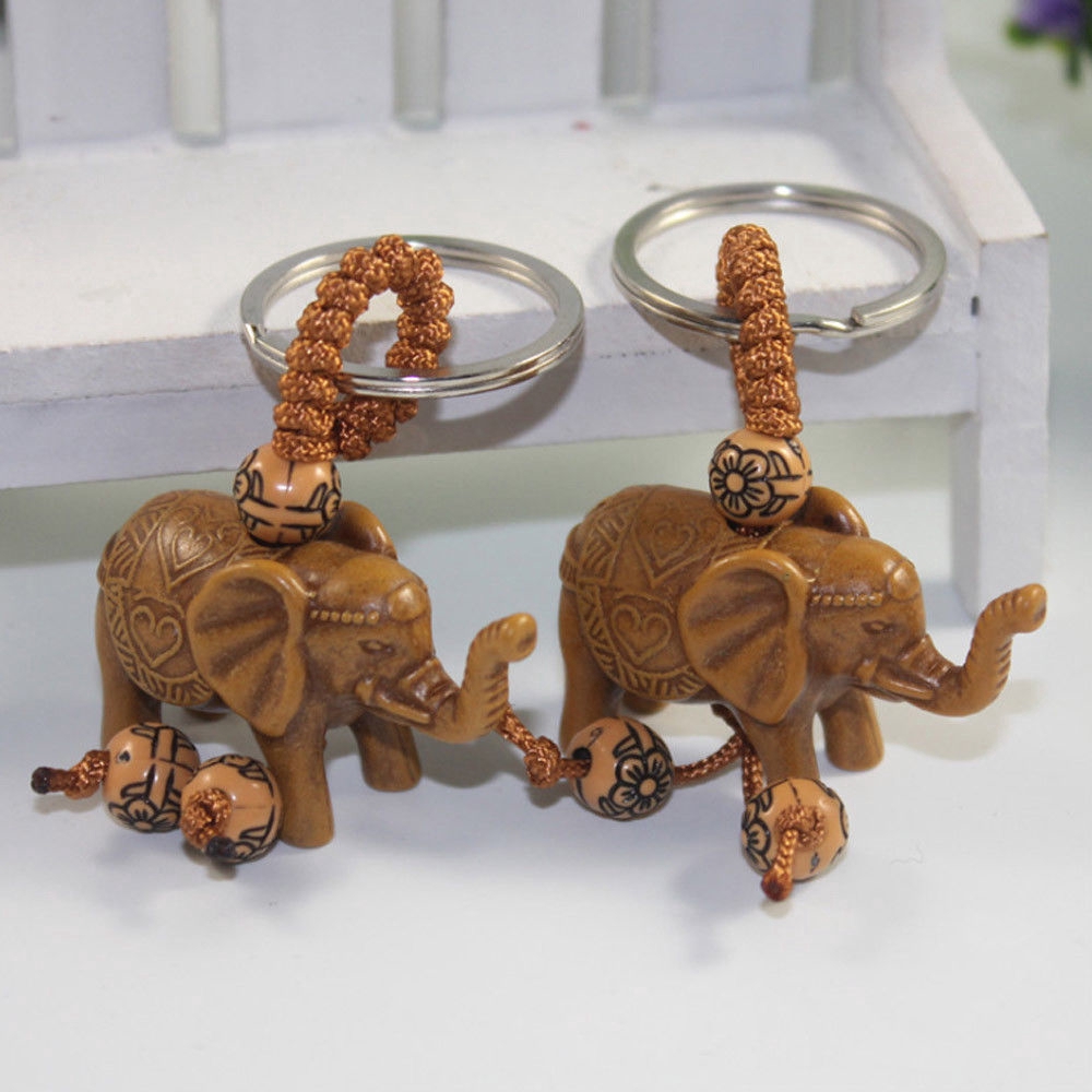 Lucky Elephant Carving Wooden Pendant Keychain Key Chain Ring Evil Defends