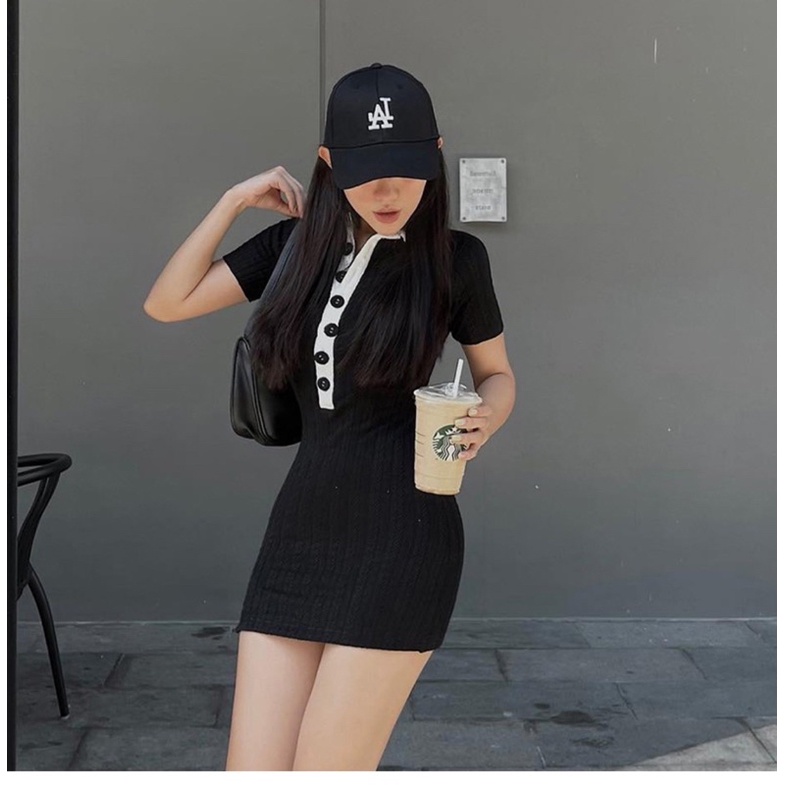 Váy Polo Gân Body Co Dãn Nút Cài Đen Ngắn Mặc Đi Chơi