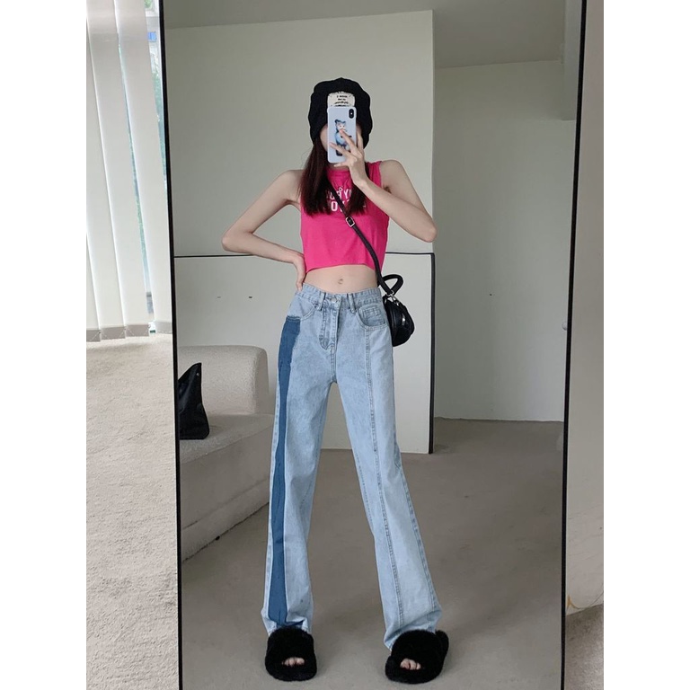 Quần Denim Ống Rộng Lưng Cao Thiết Kế Mới Năng Động Thời Trang Dành Cho Nữ