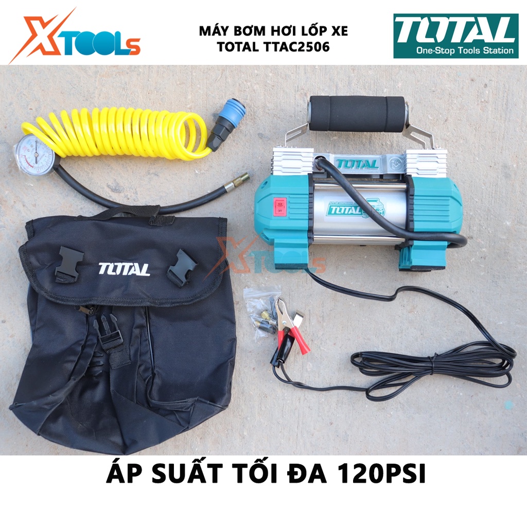Máy bơm hơi lốp xe ô tô Total TTAC2506  | máy nén khí mini áp suất tối đa 110 psi. lưu lượng khí, đường kính xilanh: 30m