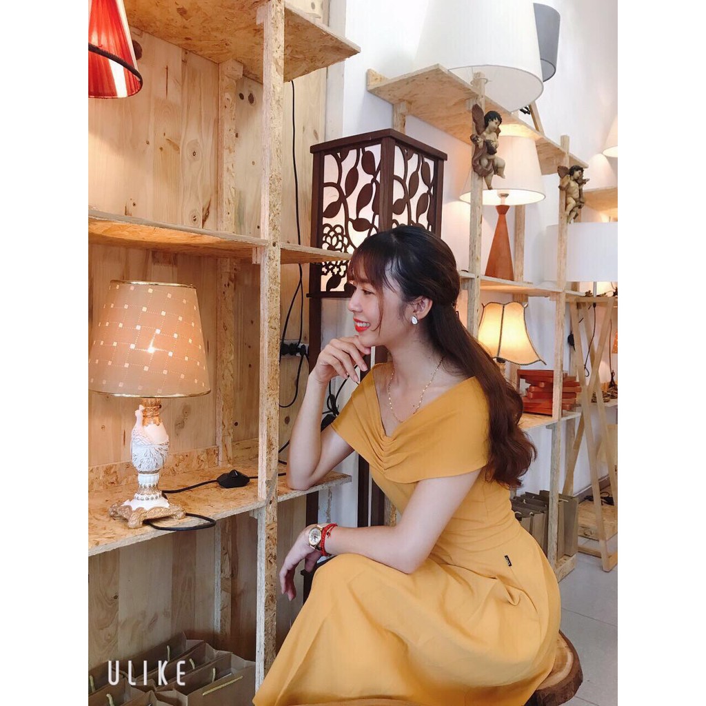 [ xả kho ] MiD Đầm vàng trễ vai hàng thiết kế V1091 Mie Design ảnh thật