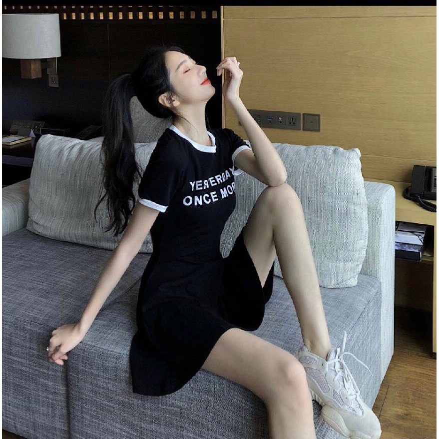 Váy Body Viền Yesterday  Đầm sporty cộc tay dáng ôm thể thao màu TRẮNG | ĐEN Ulzzang Nữ Cổ Tròn