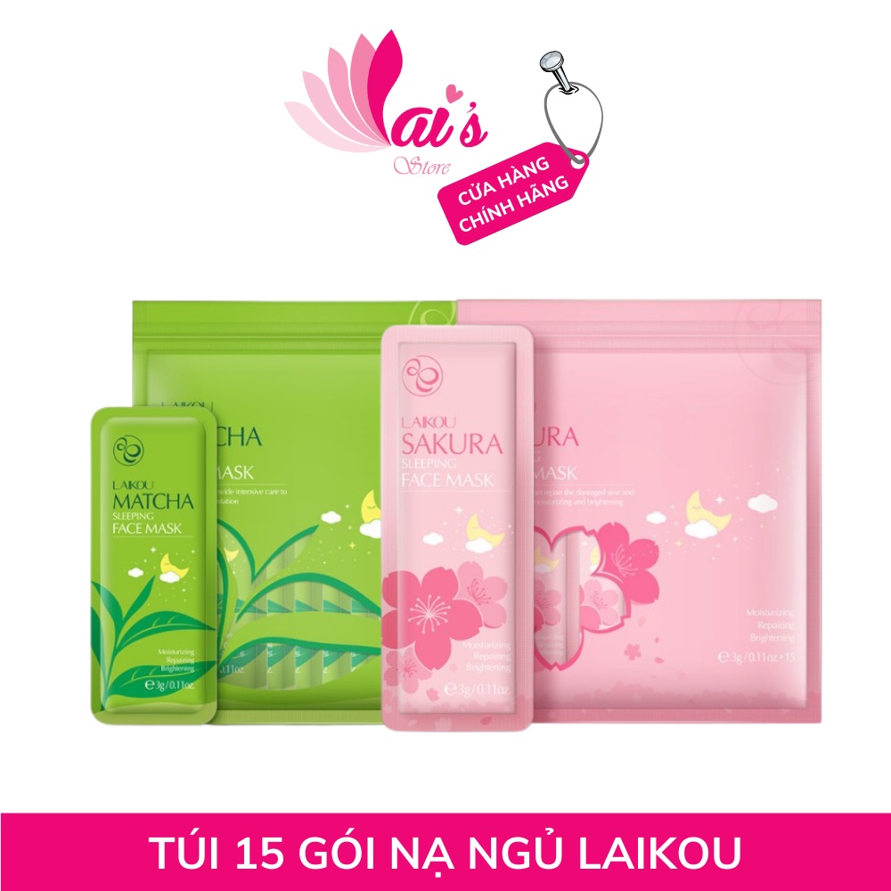 Túi 15 Gói Mặt Nạ Ngủ Trà Xanh &amp; Hoa Đào LAIKOU Cấp Ẩm, Dưỡng Trắng, Giảm Thâm Mụn, Kiềm Dầu - LAI'S STORE