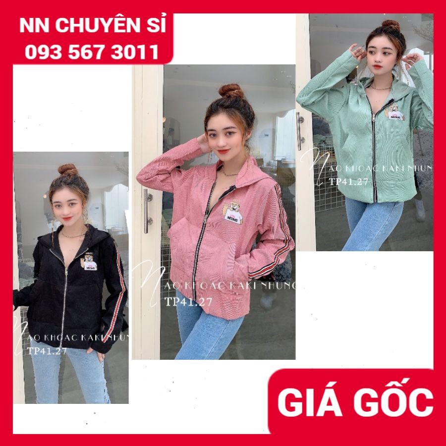 Áo khoác kaki nhung tăm thêu gấu dễ thương 🛑 Áo khoác nữ chống nắng TP41.27