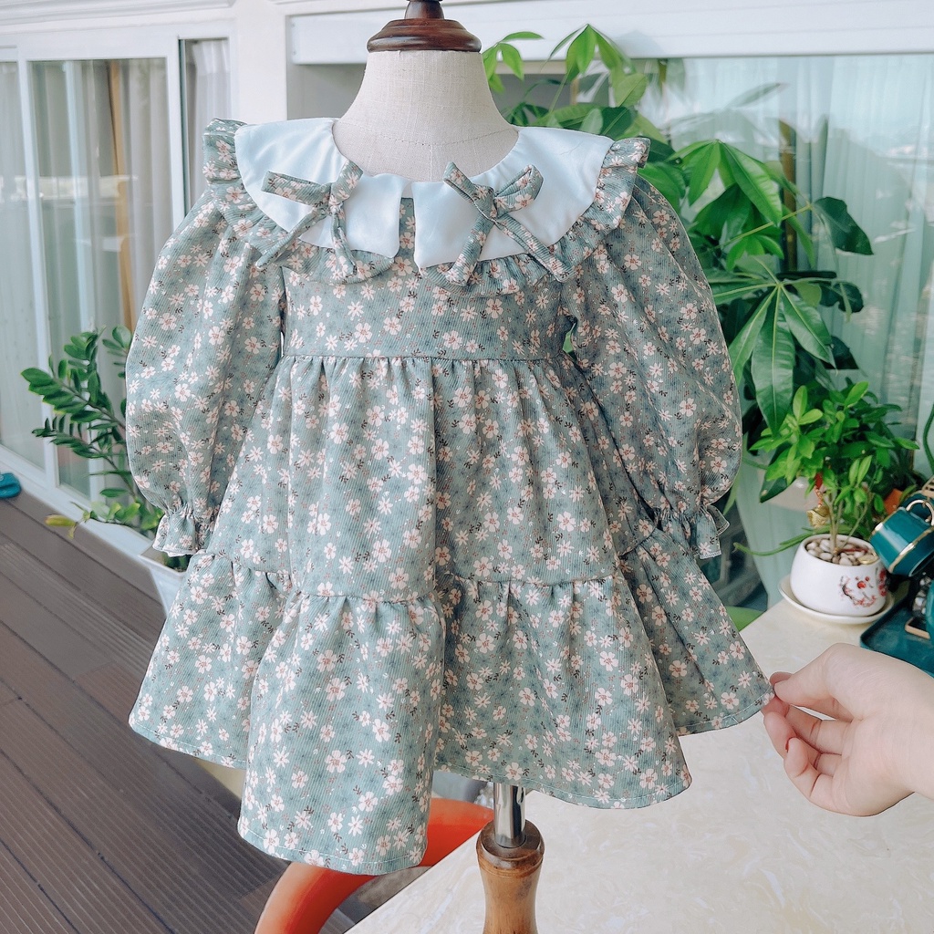 Váy cho bé gái đầm nhung in họa tiết hoa xanh dáng xòe babydoll 2 tầng dày dặn từ 8-32kg