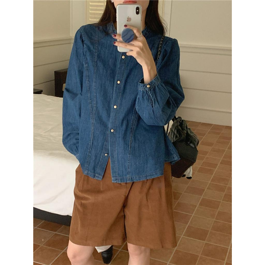 Áo Sơ Mi denim Tay Dài Cổ Đứng Phối Nút Kim Loại Phong Cách retro 67785
