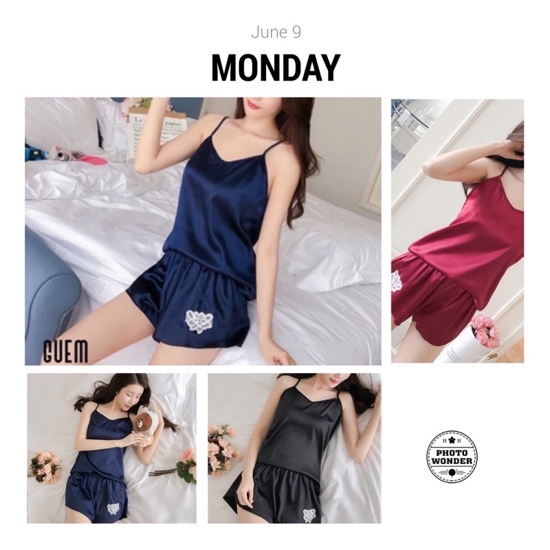 Đồ ngủ cho các mom, Bộ ngủ 2 dây chất liệu lụa satin cao cấp mềm mại sexy