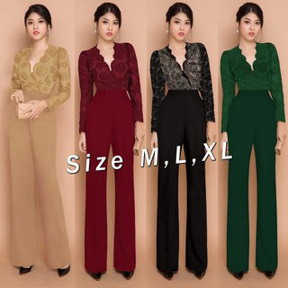 Jumpsuit nữ hàng thiết kế tay dài ren quần ống suông cao cấp J947