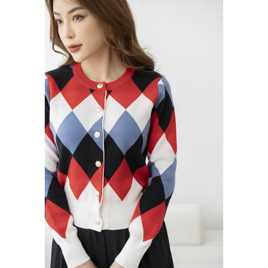 Áo khoác len nữ FIONA cổ tròn, Áo cardigan họa tiết hình thoi phối màu, dài tay mã F852751