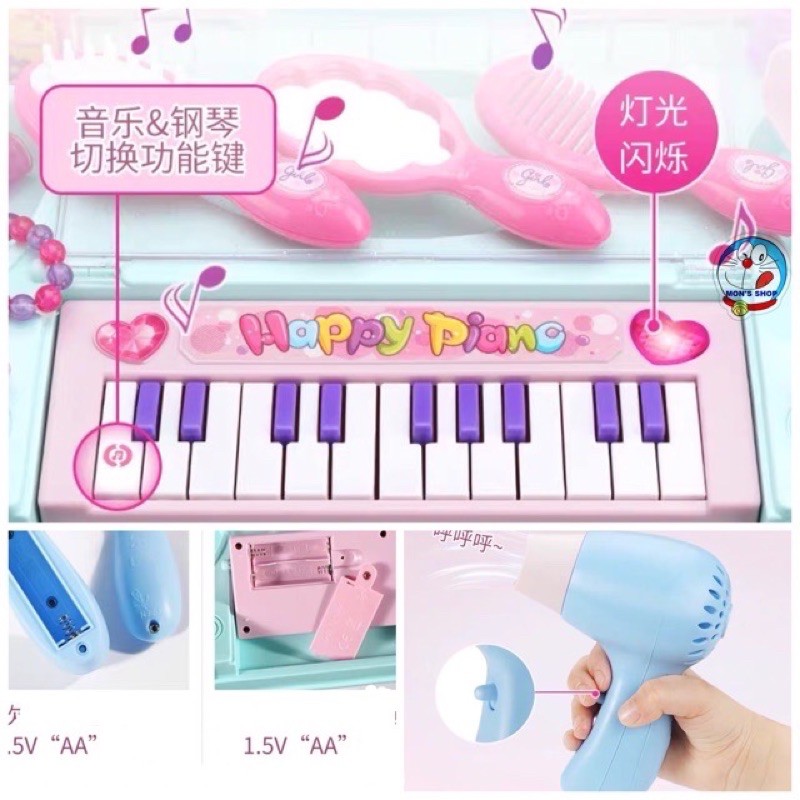 [2 Trong 1, Có Đèn Nhạc] Đồ Chơi Bàn Trang Điểm Lâu Đài Kèm Đàn Piano, Có Ghế Ngồi Dùng Pin Cao Cấp Dành Cho Bé