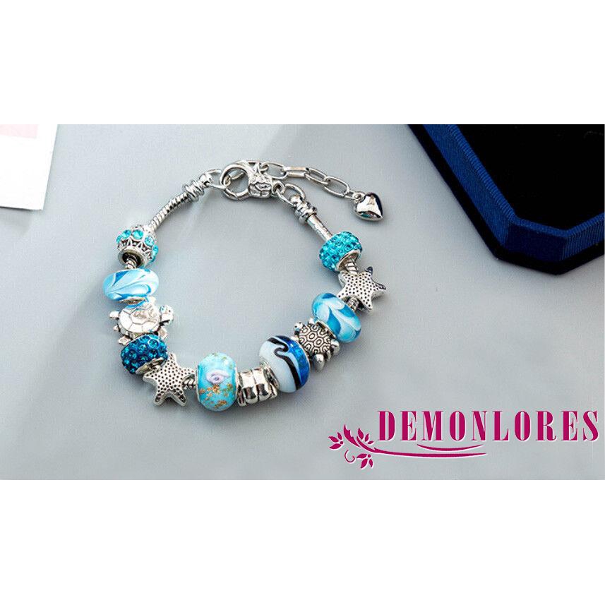 Vòng tay mạ bạc mặt trái tim đính đá pha lê màu xanh dương thời trang