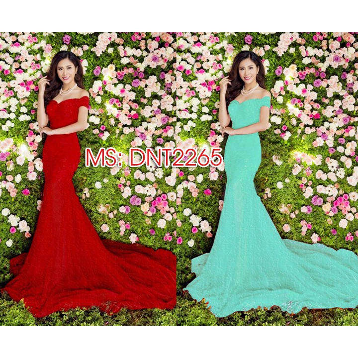 Đầm maxi ren bẹt vai đuôi cá sang trọng