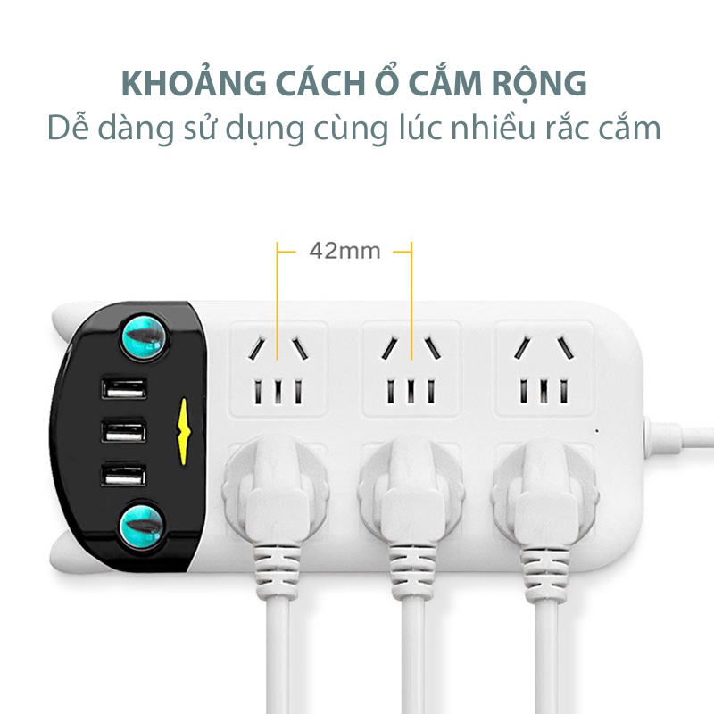 Ổ cắm điện đa năng JIASHI dán tường hình mèo cute, 3 cổng USB, 6 ổ cắm chống giật thông minh dây dài 1,8m - OCD02