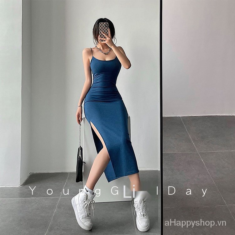 Đầm hai dây ôm dáng xẻ tà cao thời trang Âu Mỹ quyến rũ cho nữ 2021