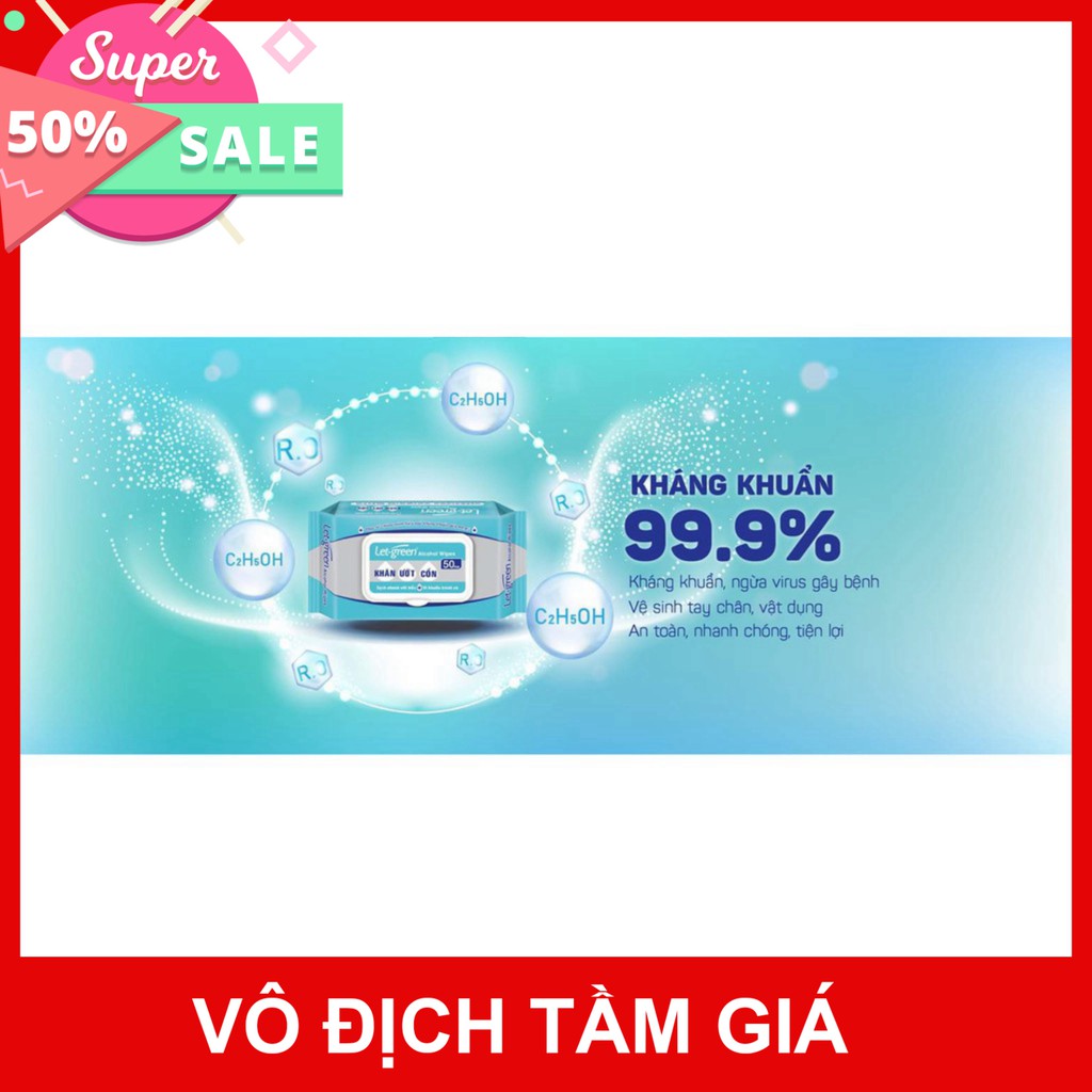 Combo 3 gói khăn ướt cồn Let-green (50 miếng/gói) diệt khuẩn 99,99%.