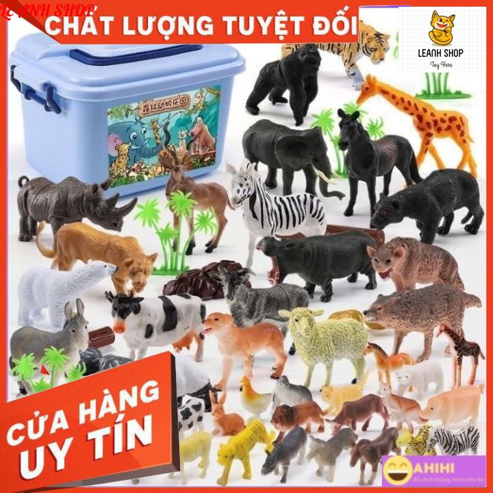 Bộ đồ chơi mô hình động vật và cây cối 58 chi tiết có hộp đựng ,Đồ chơi mô hình con vật cho bé khám phá thếhình