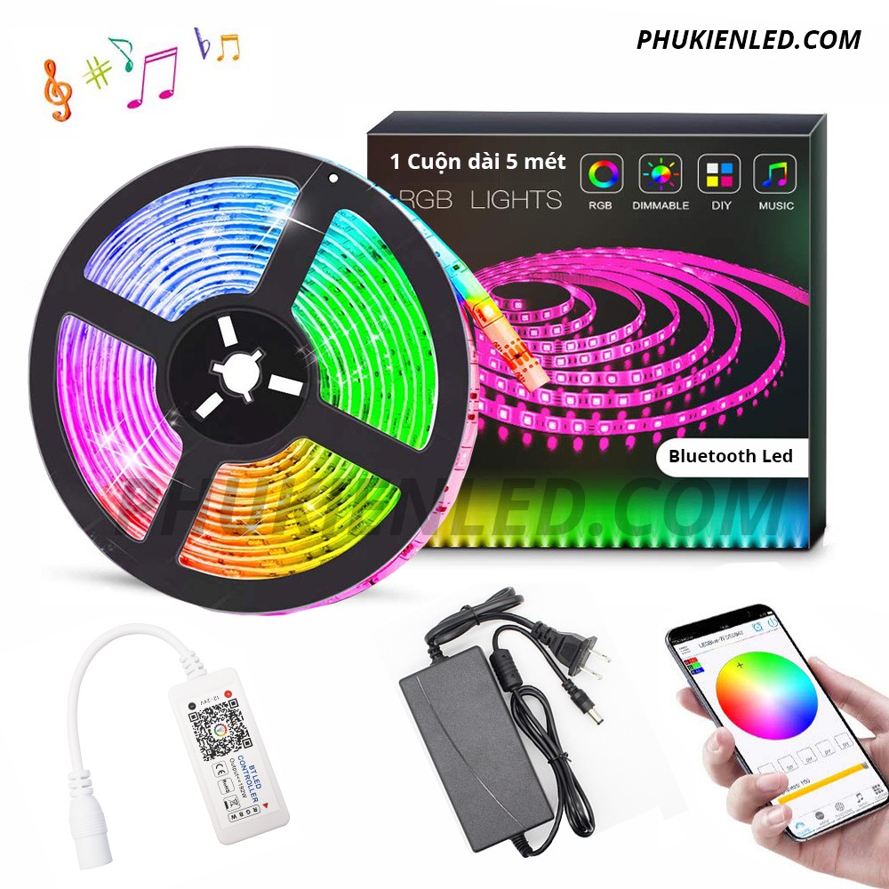 COMBO Led dây Bluetooth nháy theo nhạc điều khiển bằng App điện thoại – Dây led RGB 12V dài 5 mét chống nước