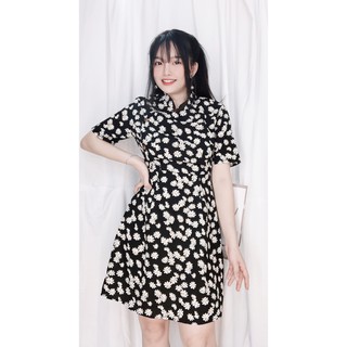 Đầm sườn xám cổ tàu hoa cúc dáng xoè vải lụa