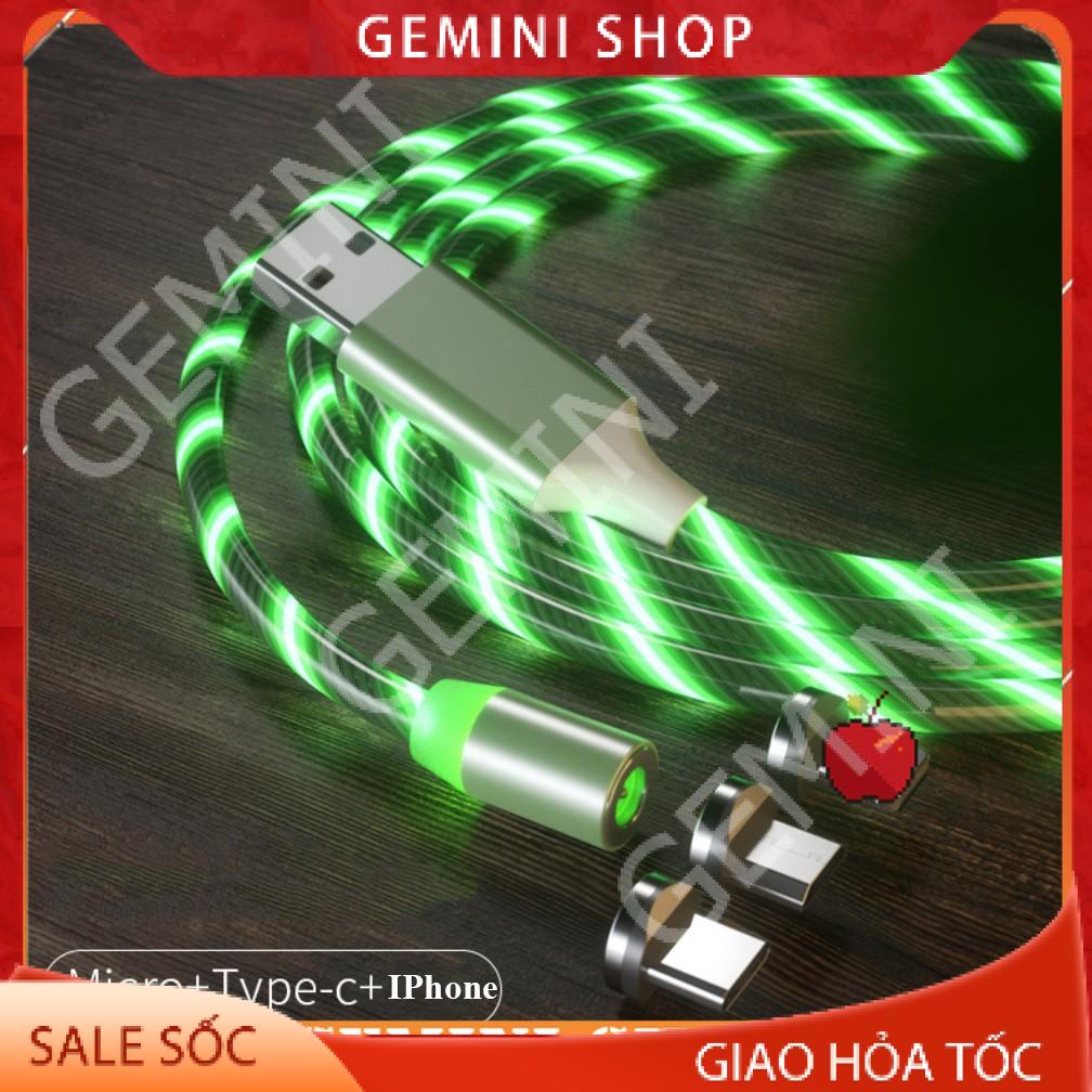 (Tặng 3 đầu sạc Dùng mọi ĐT IPType C Micro USB) Dây Cáp Sạc Nam Châm Phát sáng Xoay 360 Độ,Từ Tính