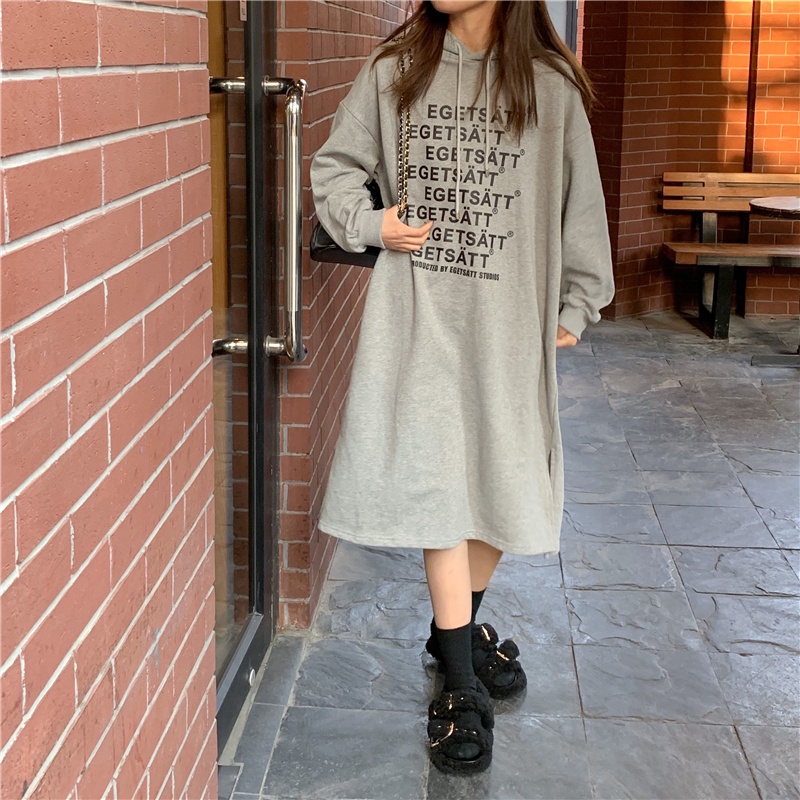 Đầm Nữ Dài Tay Có Nón In Chữ Thời Trang Hàn Quốc