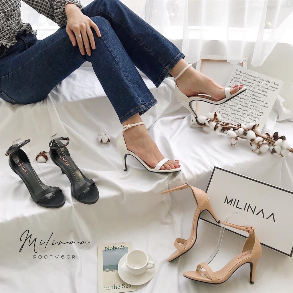 Sandal nữ cao gót nhọn 8 phân quai ngang bít gót 3 màu kem, đen, trắng